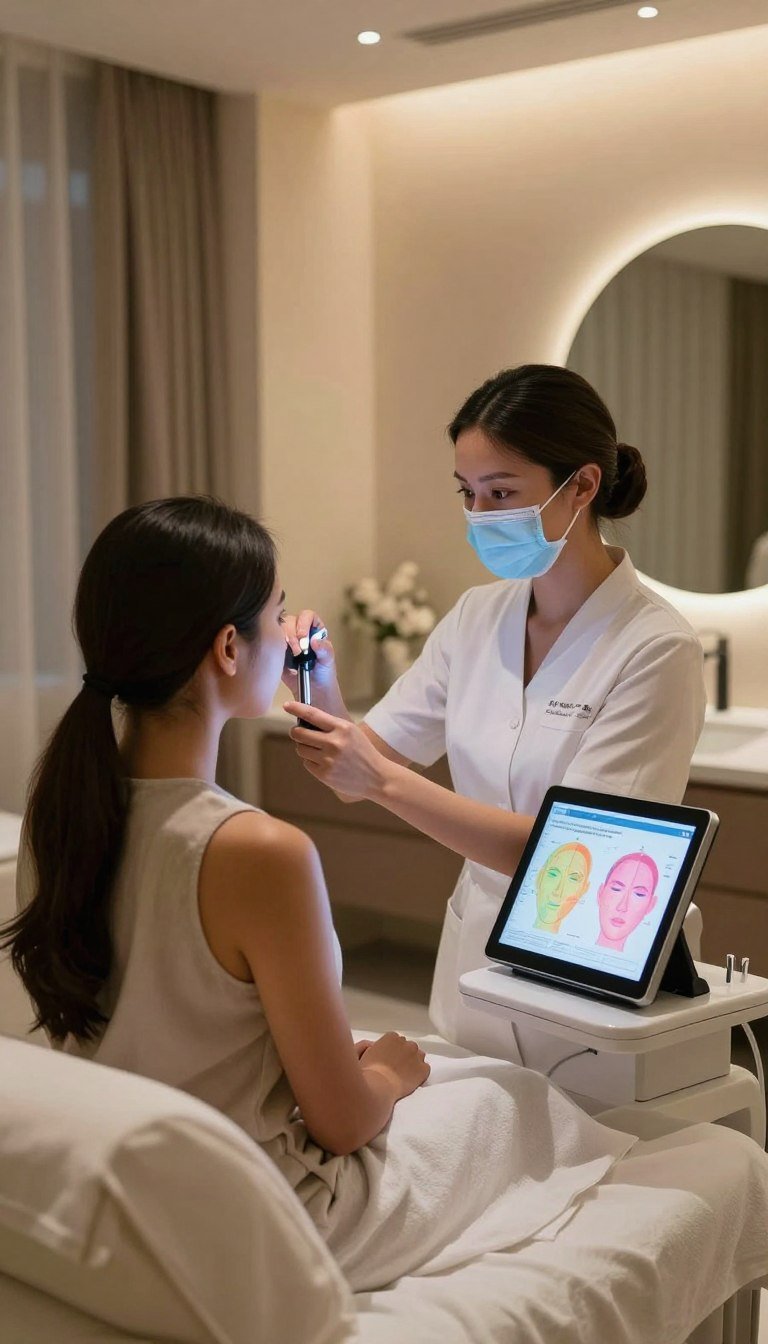 Análisis de piel con analizador cuántico en spa de lujo