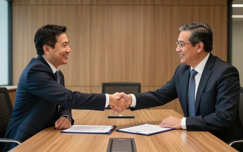 Apretón de manos entre MAIKONG y nuevo distribuidor colombiano firmando acuerdo
