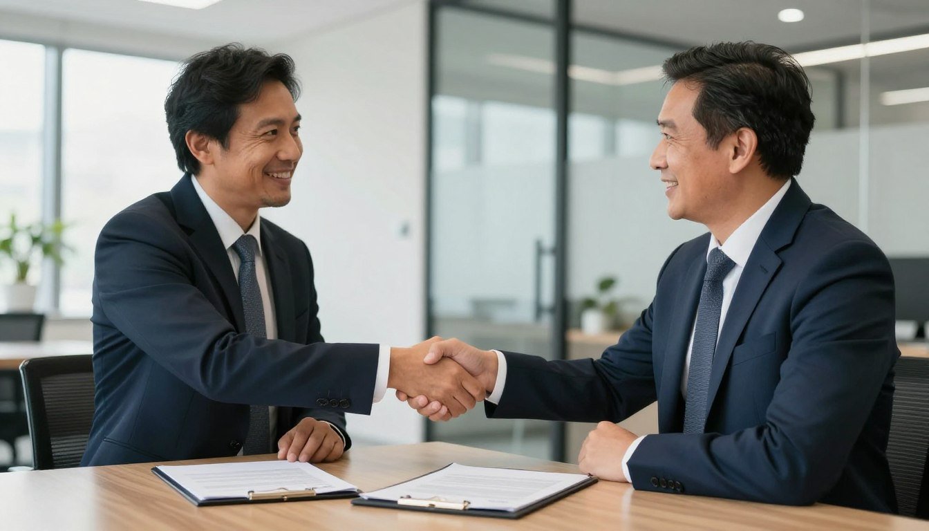 Apretón de manos entre representante MAIKONG y nuevo distribuidor colombiano sellando acuerdo comercial