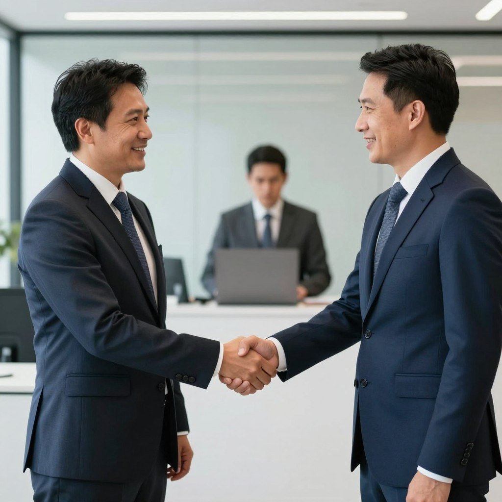 Apretón de manos simbolizando asociación comercial entre MAIKONG y distribuidor colombiano