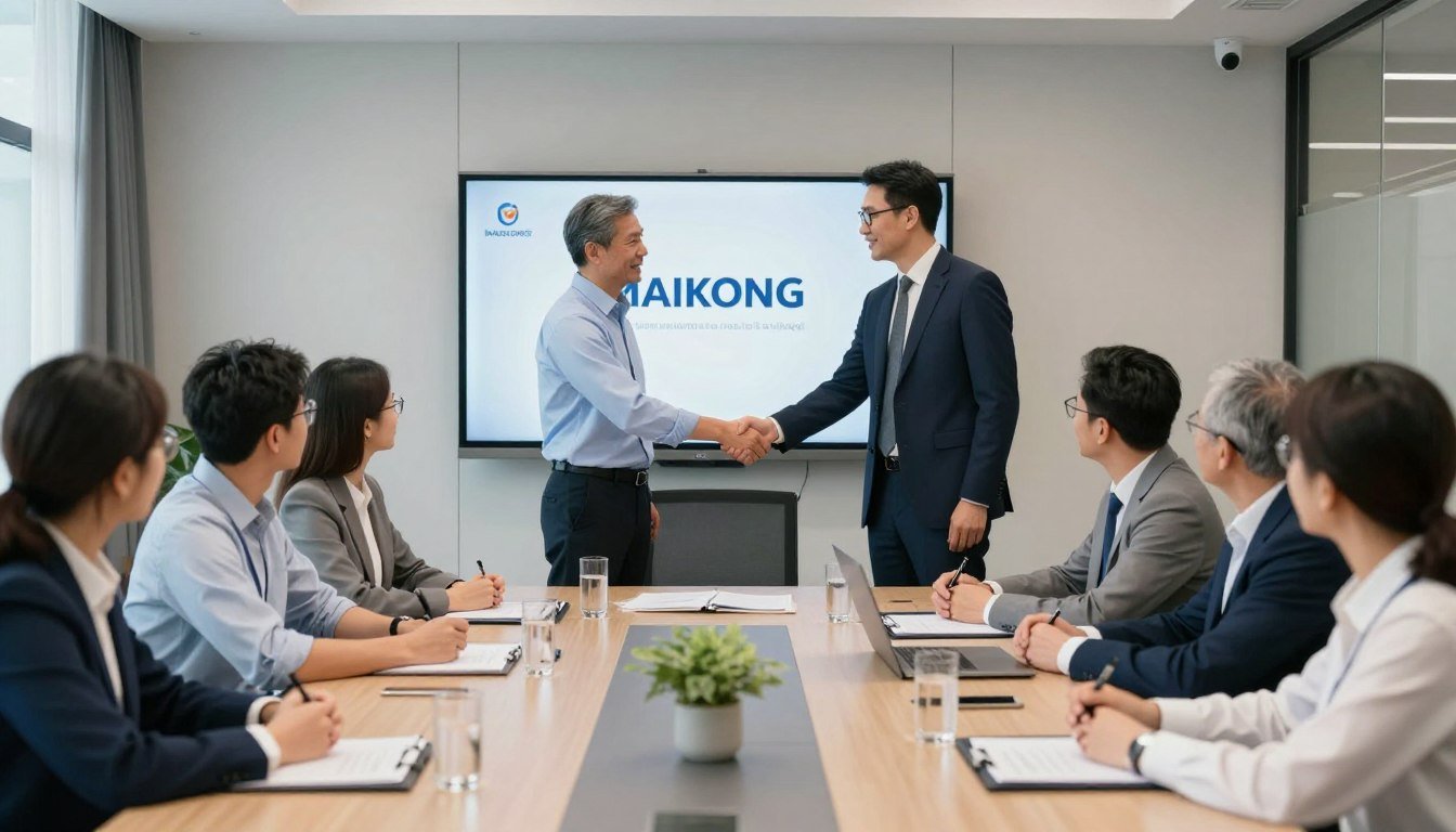 Conferencia de distribuidores MAIKONG mostrando red internacional de socios