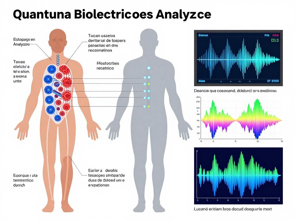 Diagrama científico del funcionamiento del analizador cuántico bioelectrico mostrando ondas electromagnéticas del cuerpo humano