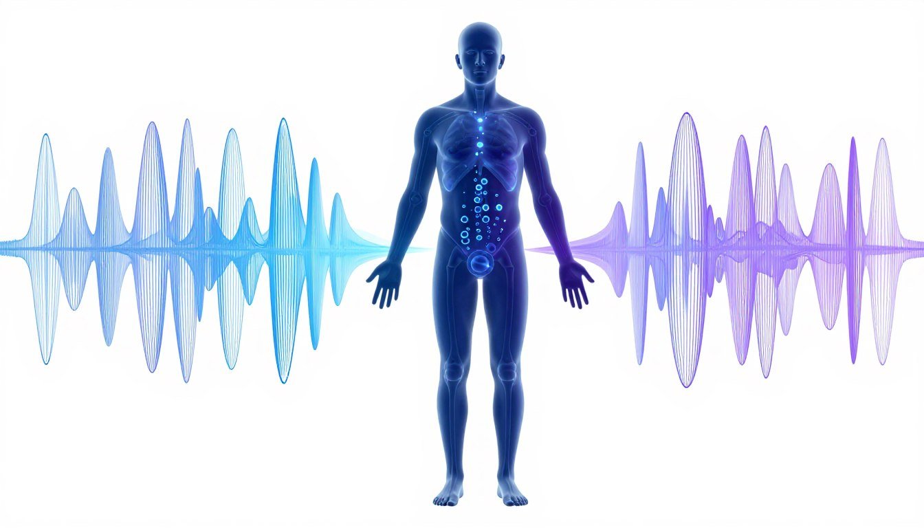 Diagrama explicativo del funcionamiento del analizador cuántico mostrando ondas electromagnéticas celulares