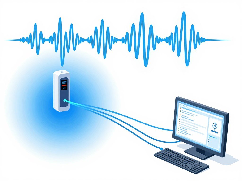 Diagrama ilustrativo mostrando las ondas electromagnéticas emitidas por células del cuerpo humano y cómo el sensor del analizador cuántico las capta