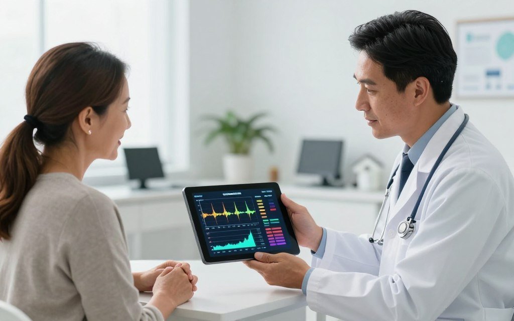 Doctor colombiano mostrando resultados de analizador cuantico a paciente