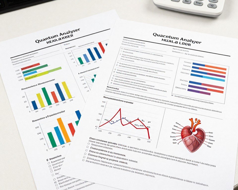 Ejemplos de reportes impresos del analizador cuántico bioelectrico con gráficos de salud