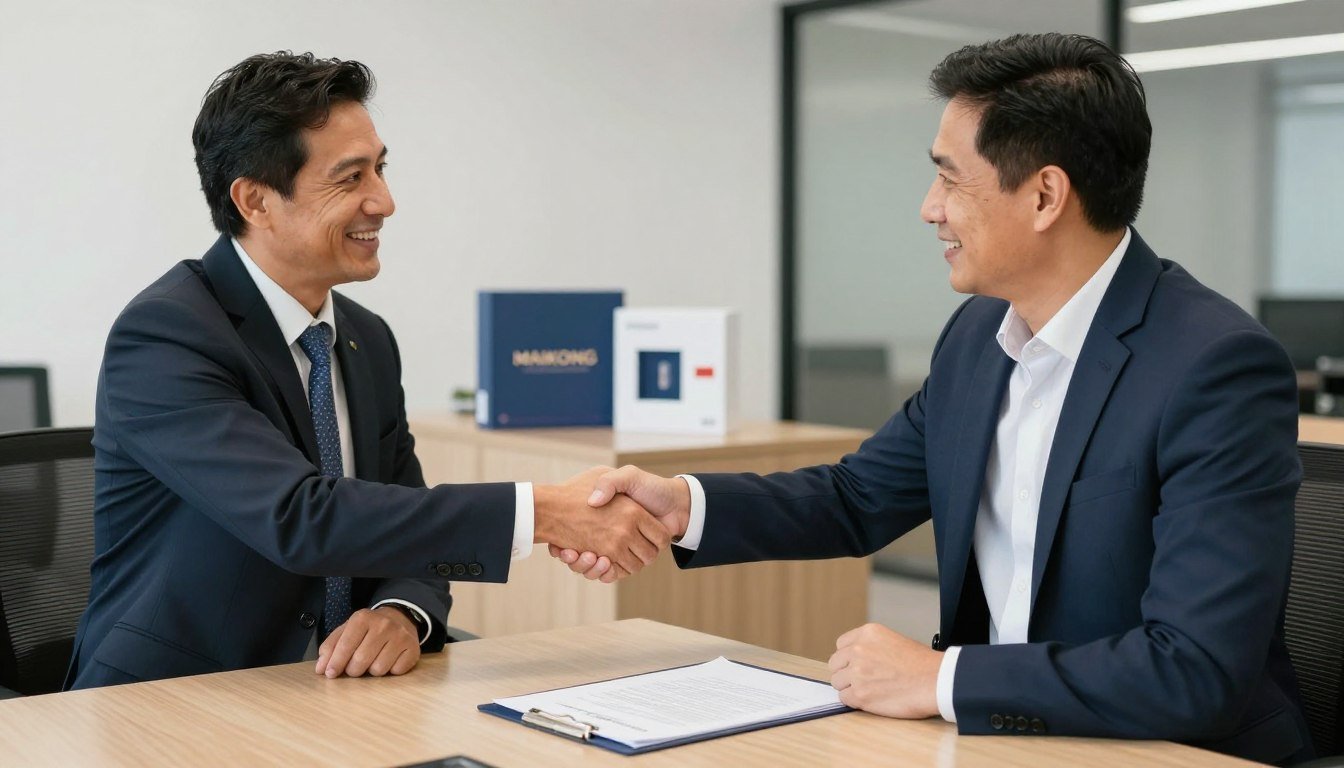 Empresario colombiano cerrando acuerdo de distribución MAIKONG exitoso