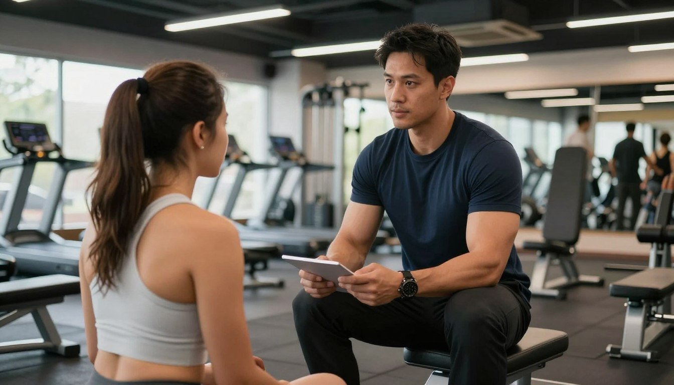 Entrenador personal utilizando analizador cuántico con atleta en gimnasio