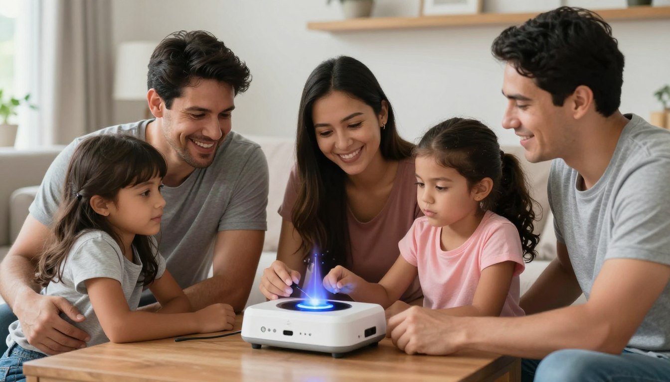 Familia colombiana usando analizador cuantico para salud preventiva