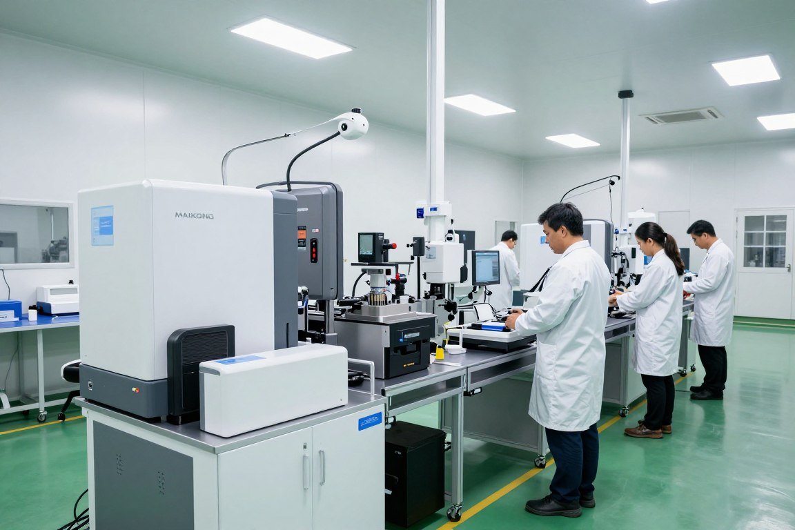 Instalaciones de manufactura MAIKONG mostrando línea de producción de analizadores cuánticos