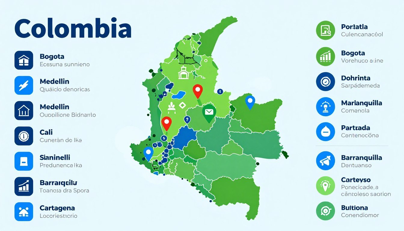 Mapa de Colombia destacando ciudades principales con potencial de mercado para analizadores cuánticos
