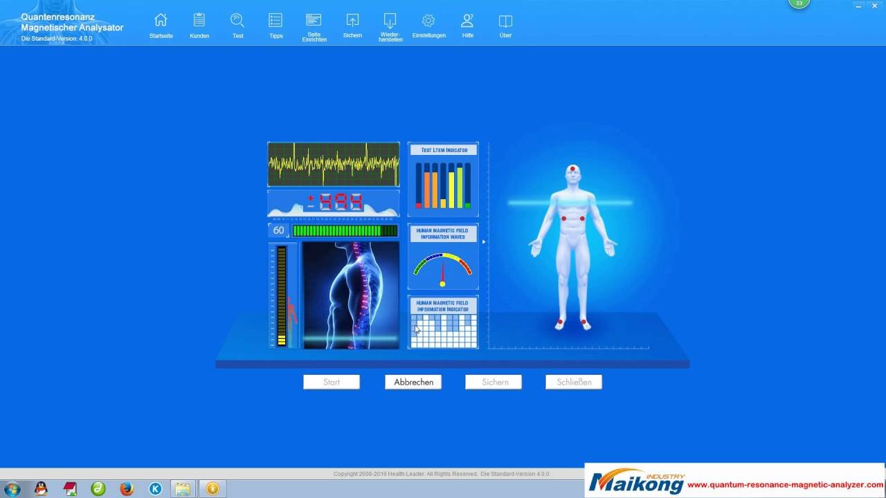 Pantalla de software mostrando múltiples reportes de salud del analizador cuántico MAIKONG