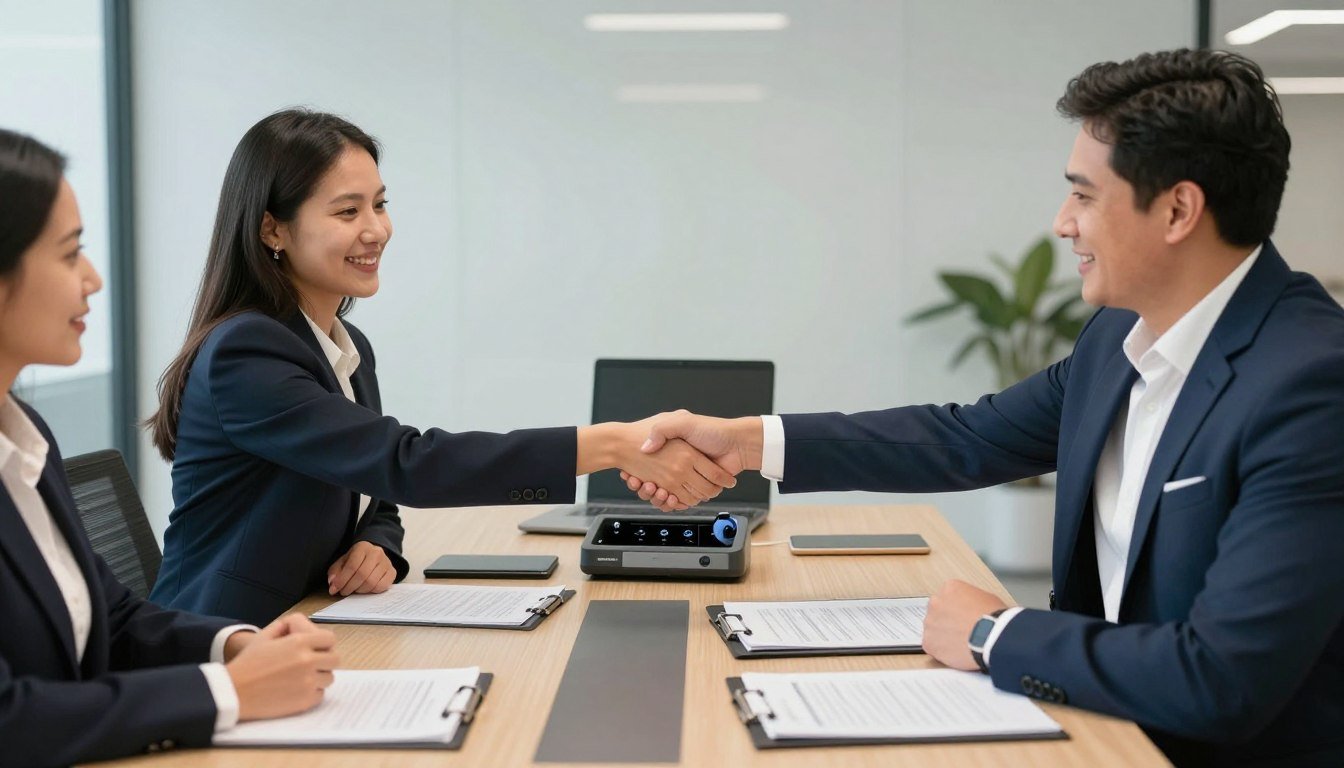 Reunión de negocios entre distribuidor colombiano y representante MAIKONG discutiendo términos de asociación