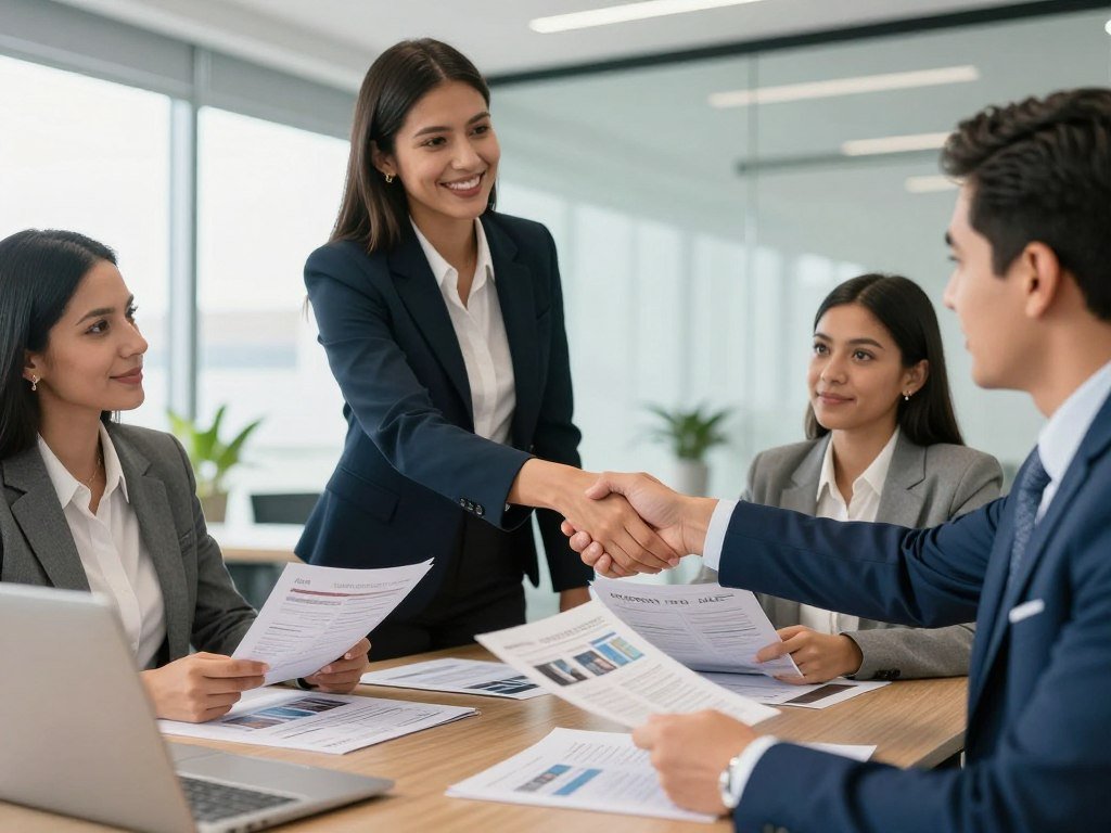 Reunión de negocios entre representantes MAIKONG y distribuidores colombianos revisando catálogos de productos
