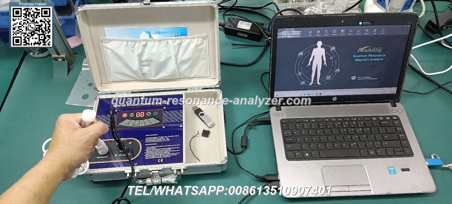 Equipo analizador cuántico MAIKONG mostrando sensor manual y conexión USB