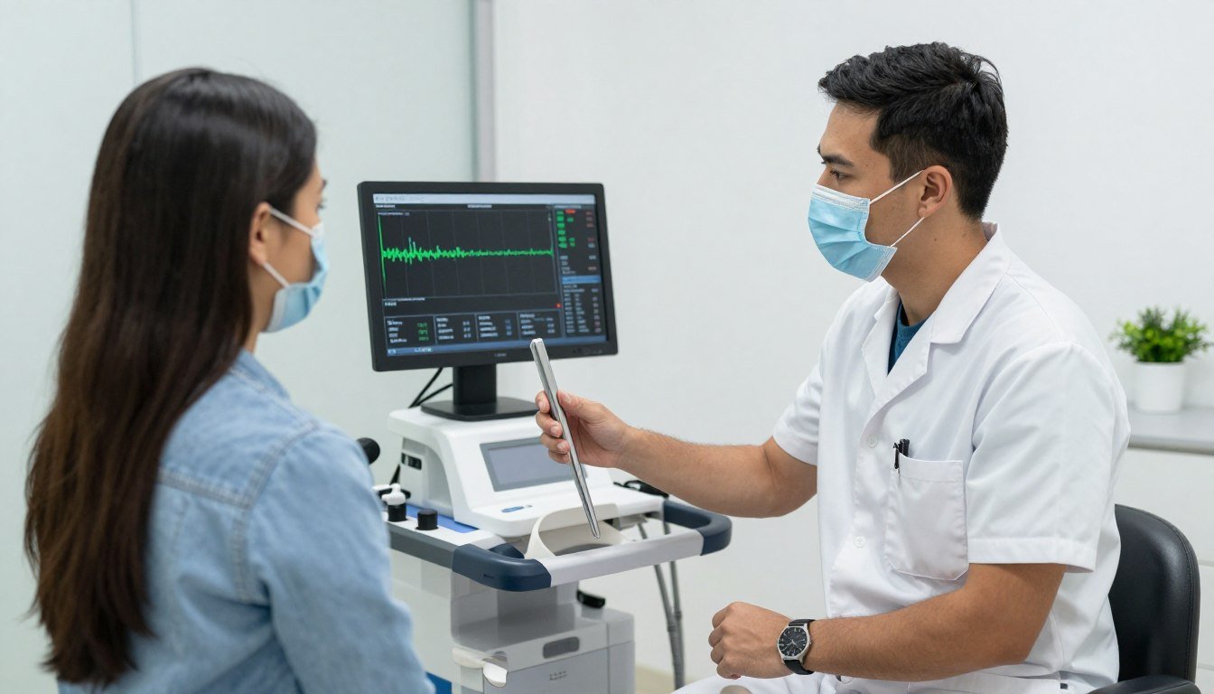 medico usando analizador cuantico con paciente