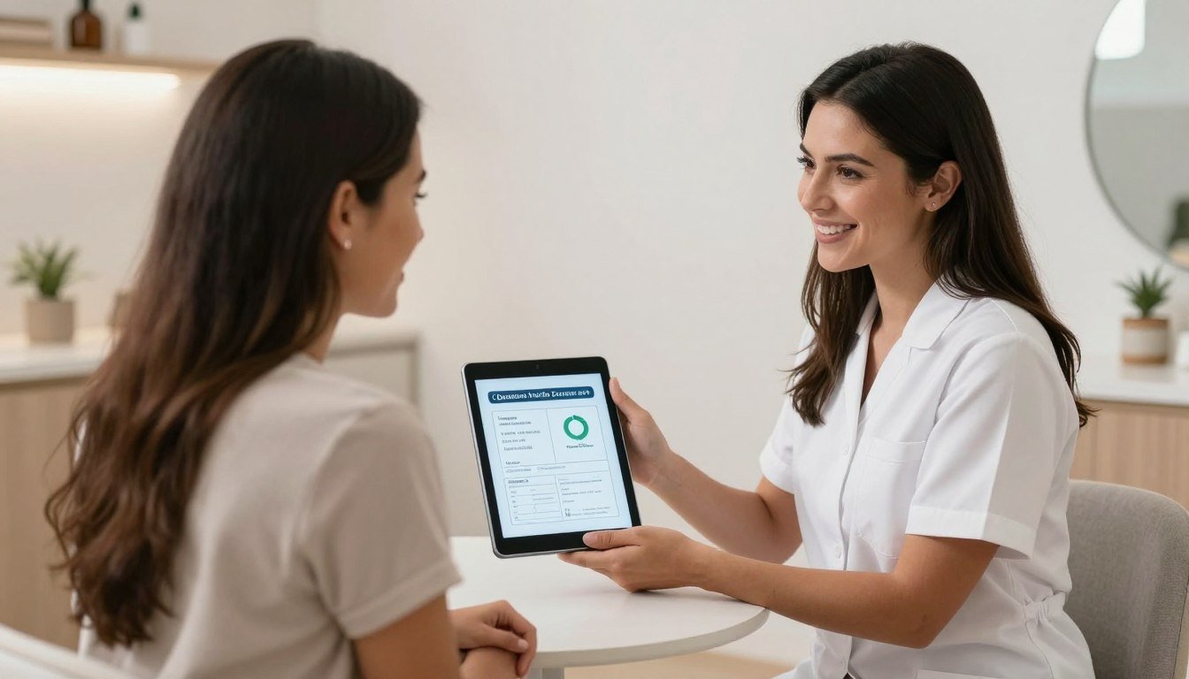 Terapeuta presentando resultados de analizador cuántico a cliente satisfecha