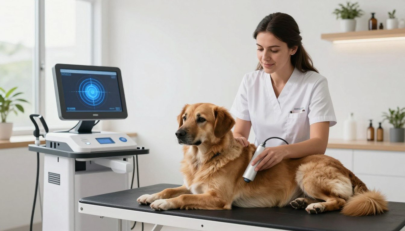 Analizador cuántico para perros siendo utilizado en clínica veterinaria holística en Colombia