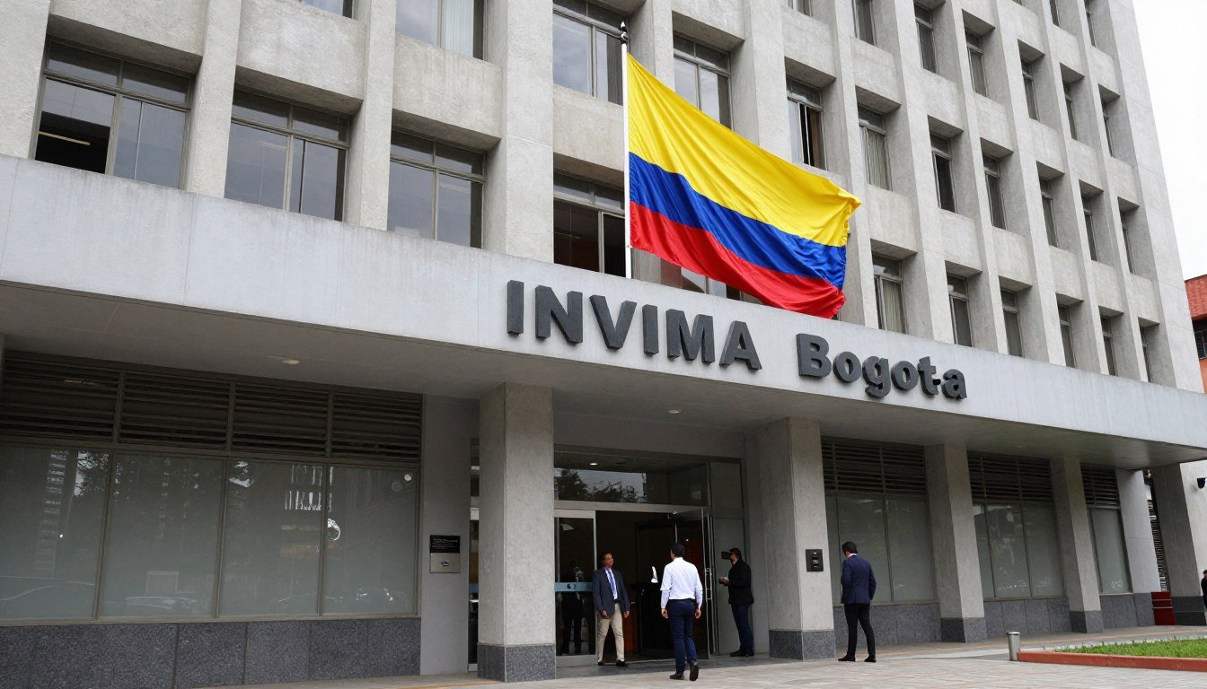 Edificio de INVIMA en Colombia con bandera nacional, autoridad regulatoria de salud