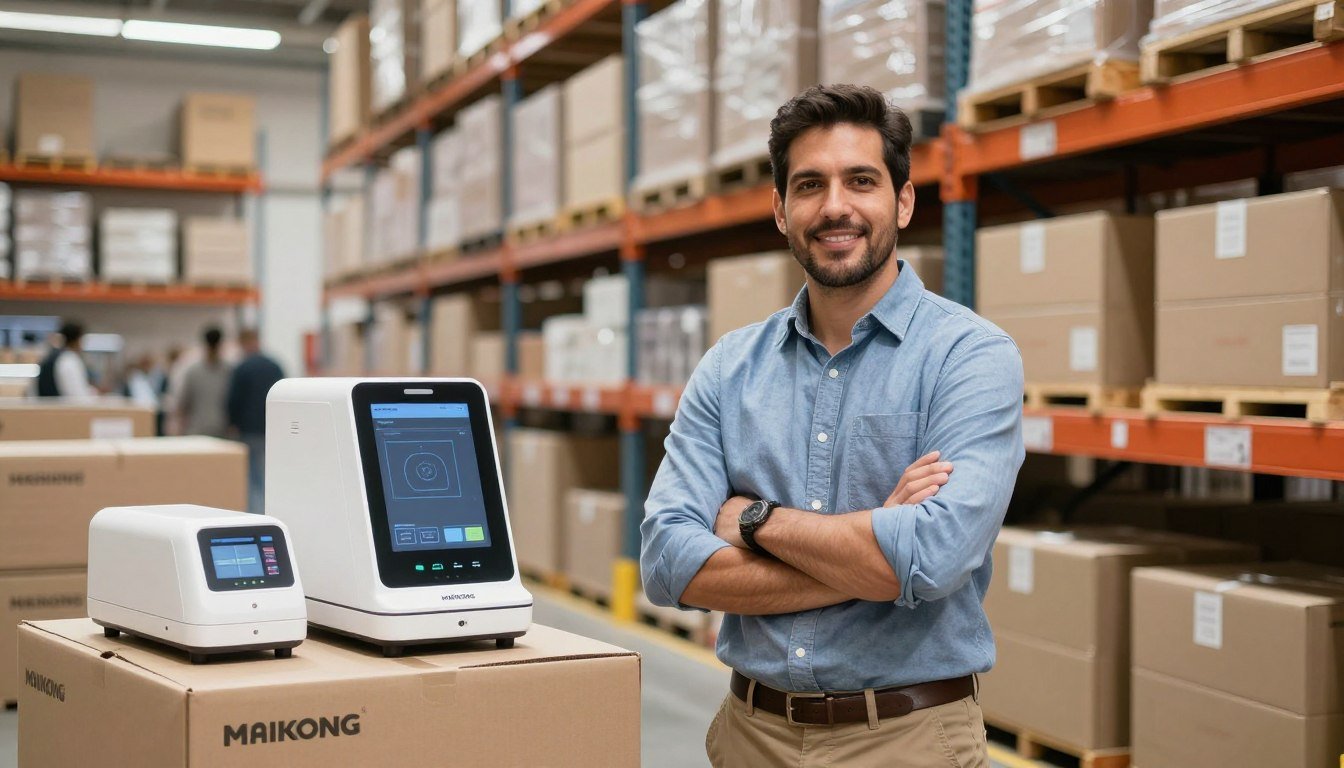 Empresario colombiano exitoso con productos MAIKONG en centro de distribución profesional