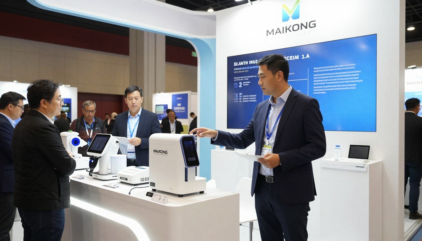 Empresario colombiano presentando analizador cuántico MAIKONG en feria de salud Bogotá