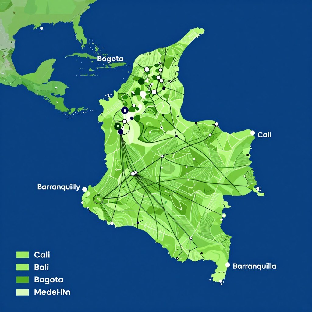 Mapa Colombia destacando ciudades principales Bogotá Medellín Cali oportunidades distribución analizador cuántico