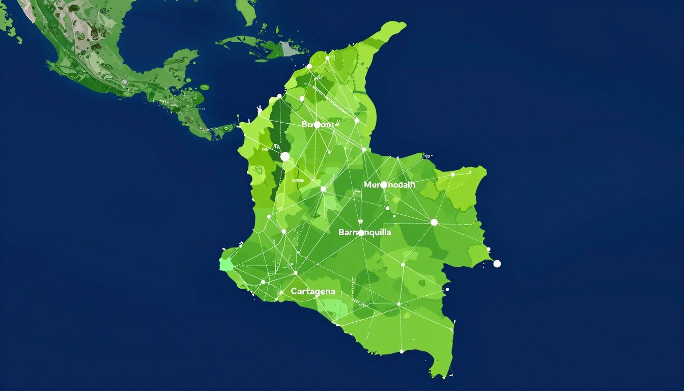 Mapa de Colombia destacando ciudades principales para distribución de equipos de bienestar Mapa de Colombia destacando ciudades principales para distribución de equipos de bienestar