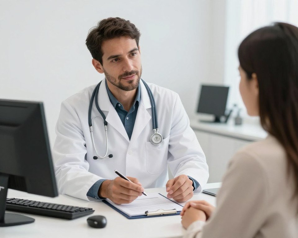 Médico integrativo explicando resultados analizador cuántico a paciente