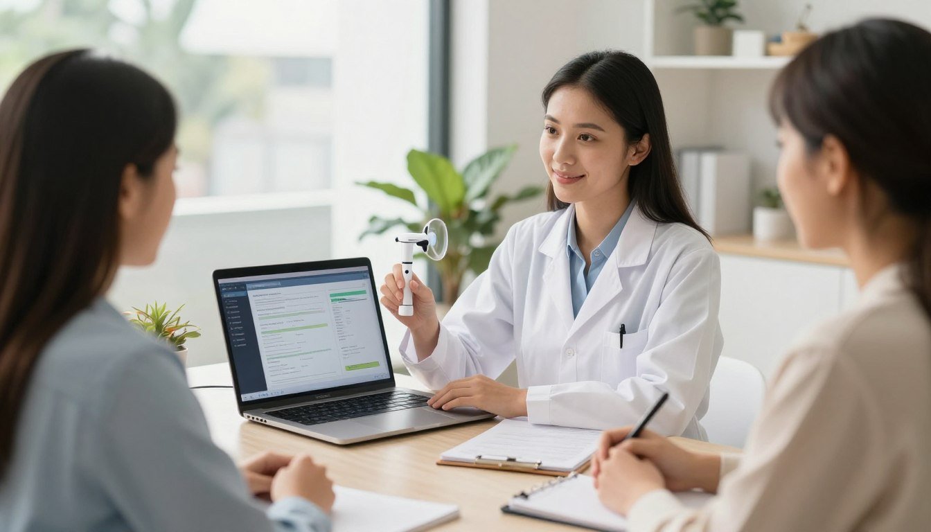 Nutricionista usando analizador cuántico con cliente en Colombia