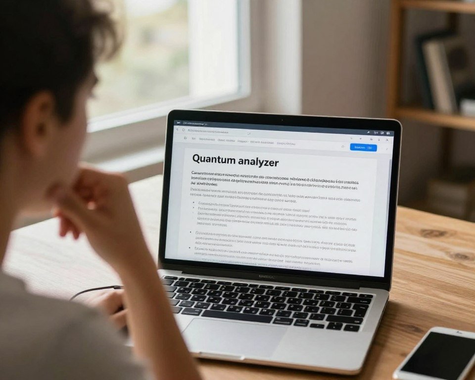 Persona revisando preguntas frecuentes sobre analizador cuántico en computadora portátil