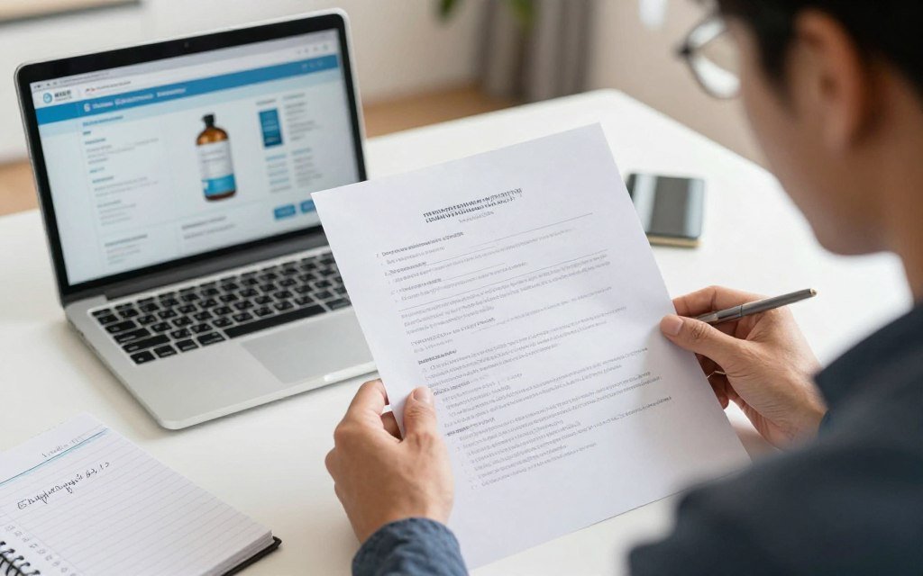 Persona tomando decisión informada sobre compra de dispositivo de bienestar revisando documentación