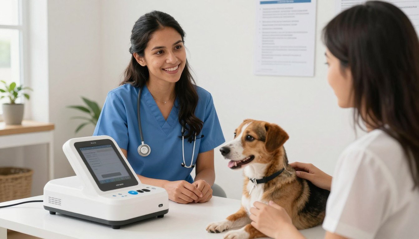Profesional de bienestar animal usando responsablemente analizador cuántico para perros