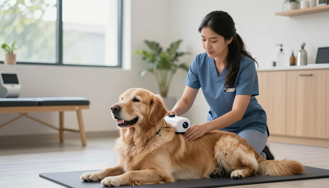 Profesional de bienestar animal utilizando analizador cuántico en perro en Colombia