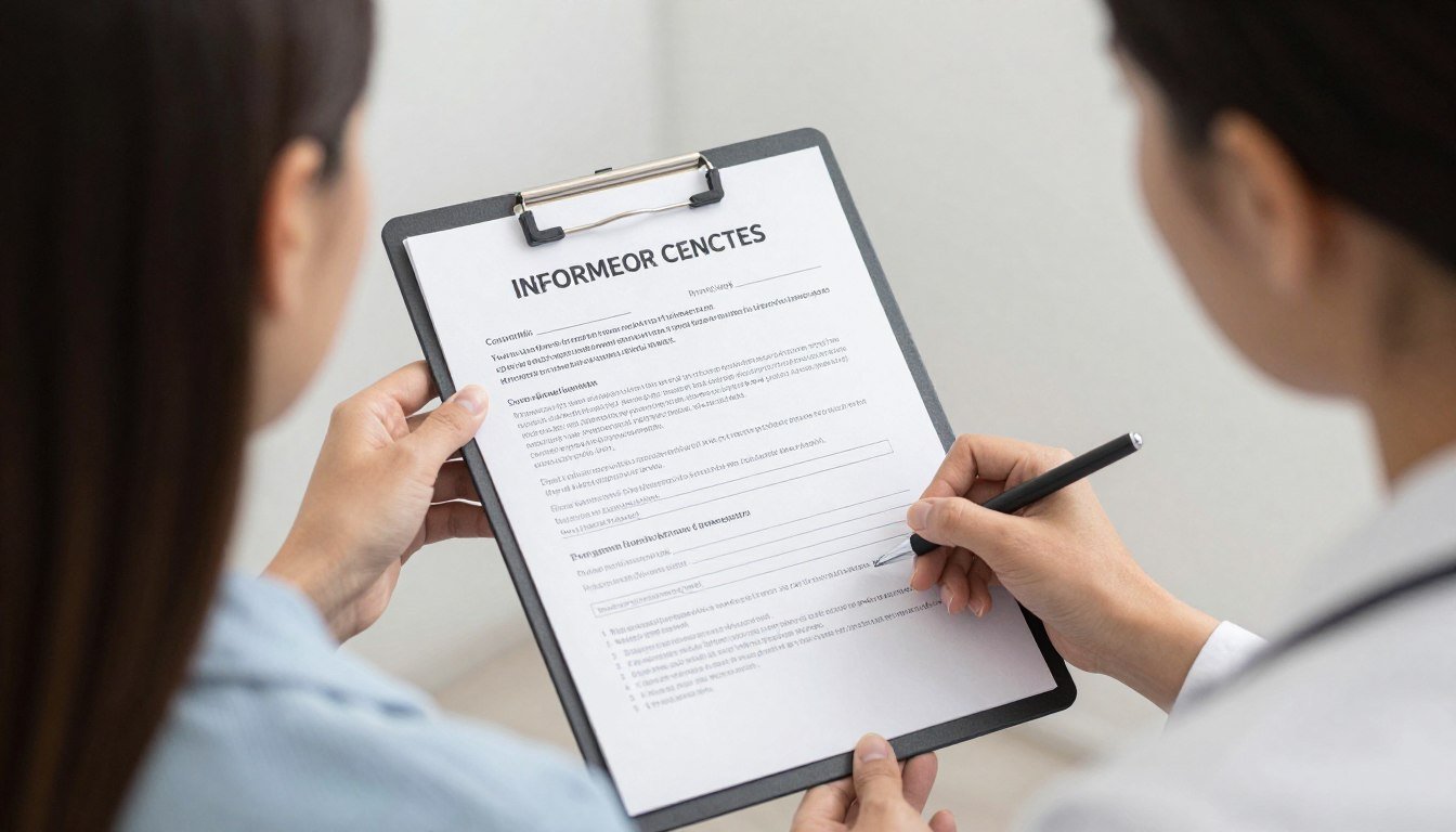 Profesional entregando consentimiento informado a cliente antes de usar analizador