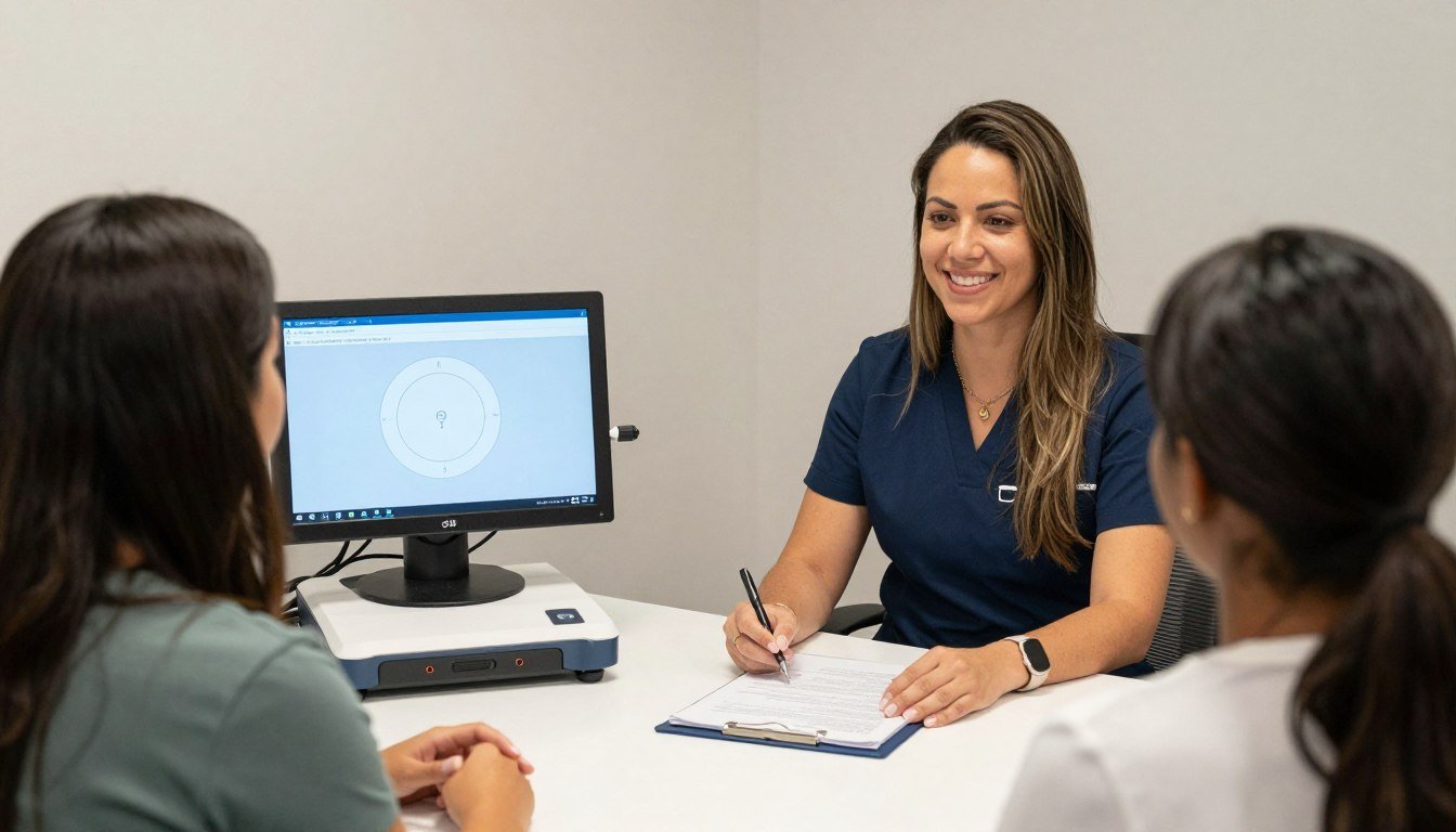 Profesional exitoso usando analizador cuántico en práctica wellness