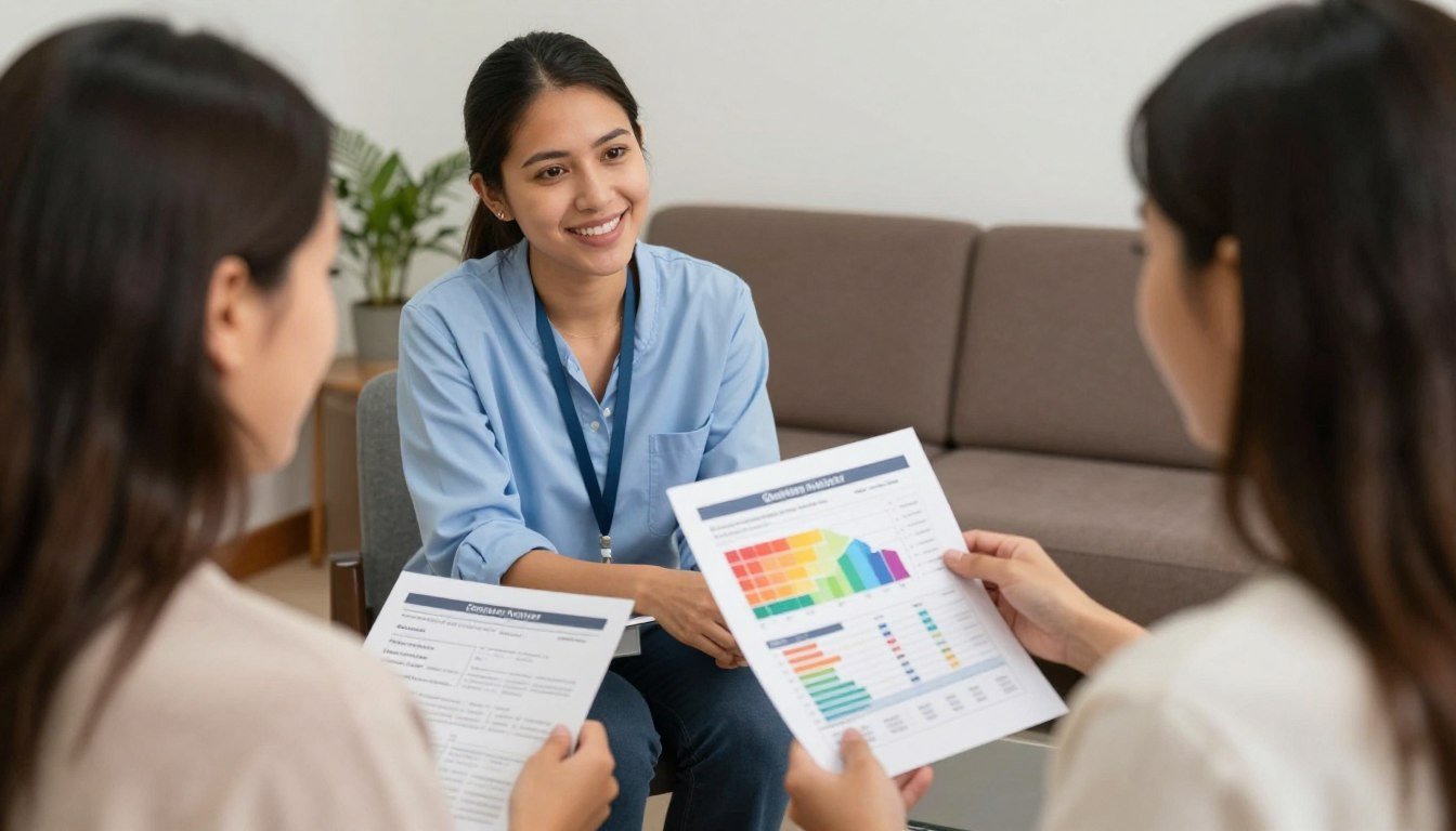 Profesional salud holística explicando reportes analizador cuántico a cliente colombiano