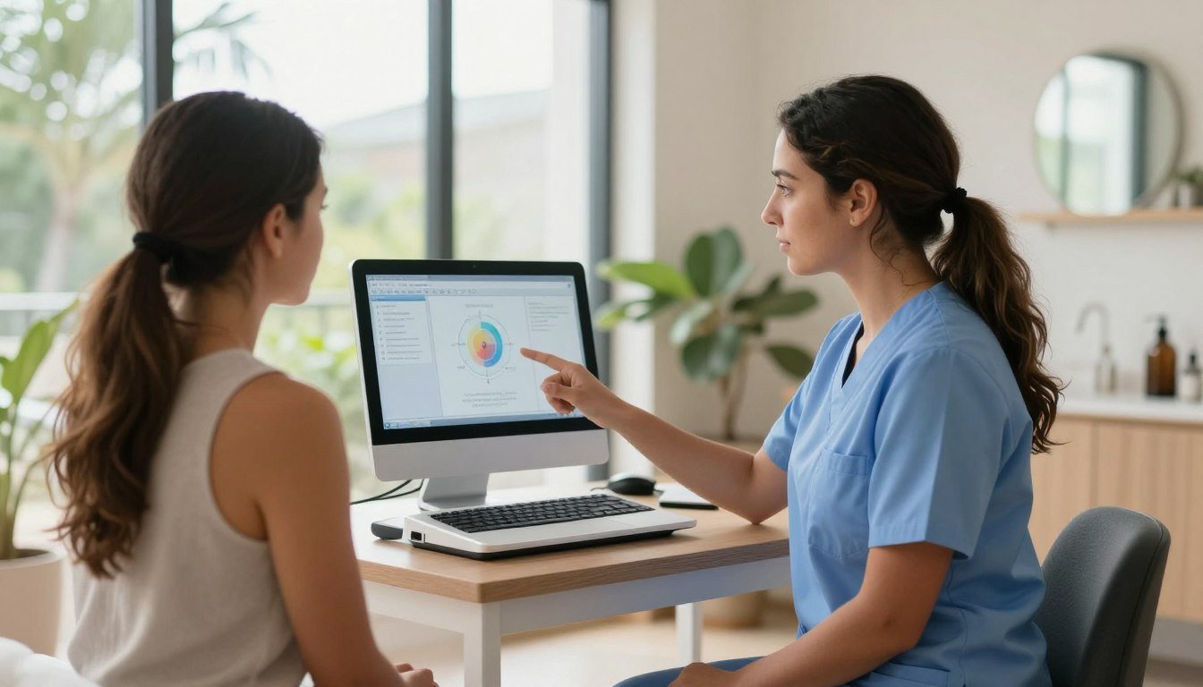 Terapeuta colombiano utilizando analizador cuántico con cliente